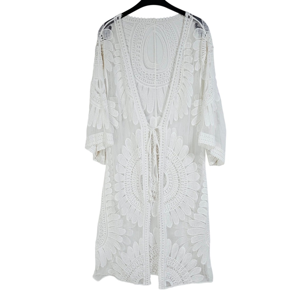 Cottagecore White Lace Crochet Floral Kimono Boho Festival Cover Up Resortwear